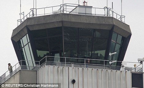 The control tower of the Franco-Swiss Basel-Mulhouse airport where a senior air traffic controller was found dead this morning