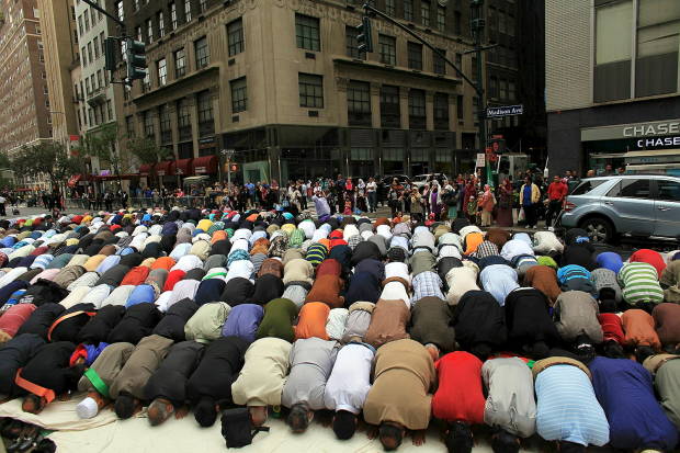 Muslims prostrate themselves in the middle of Madison Avenue in New York City every year on 'Muslim Day'