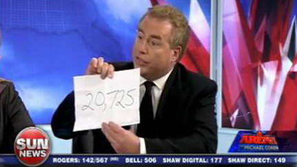 Canadian Sun News commentator Davied Menzies hold up the latest tally of deadly Islamic terror attacks since 9/11