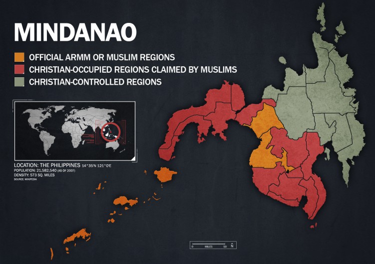 The Autonomous Region in Muslim Mindanao (ARMM) is the region the Philippine government has turned over to the Muslim minority in southern Philippines. These provinces follow Shariah law. However, the Muslims lay ancestral domain claims to 14 provinces on the island of Mindanao.  The map shows the areas controlled by Christians in green and the official ARMM provinces in orange. You can see from the map, the Philippine Muslims claim a significant amount of territory that is occupied by Christians. These areas are where many terrorist attacks happen.