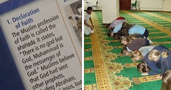 Non-Muslim school children being forced to pray to Allah on a mosque field trip